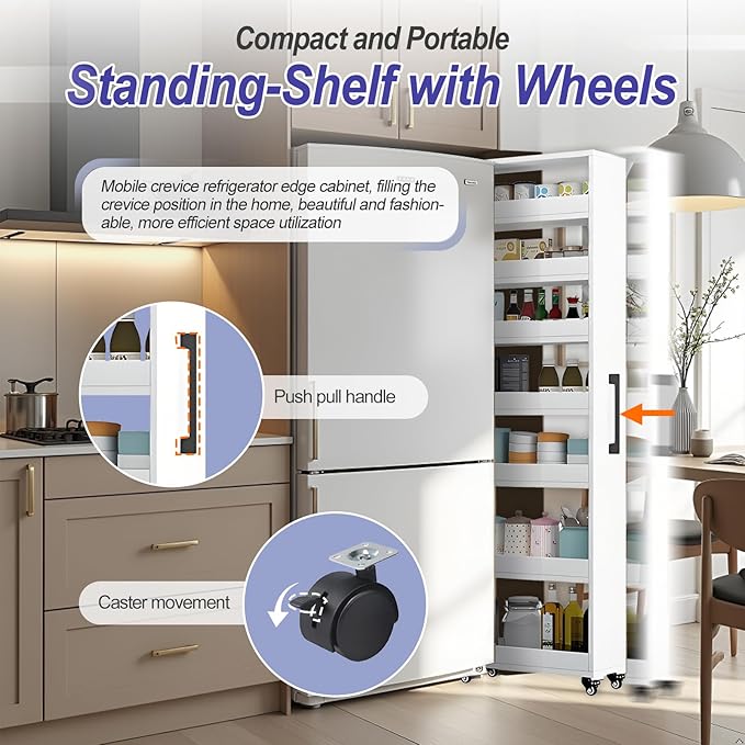 7-Tier Slim Storage Cart, Wooden Rolling Pantry Cabinet with Wheels, Narrow Shelf Organizer for Kitchen, Bakers Rack, Dining Room, Closet, Small Spaces Teak 47.2" H*9.8" W*23.6" D