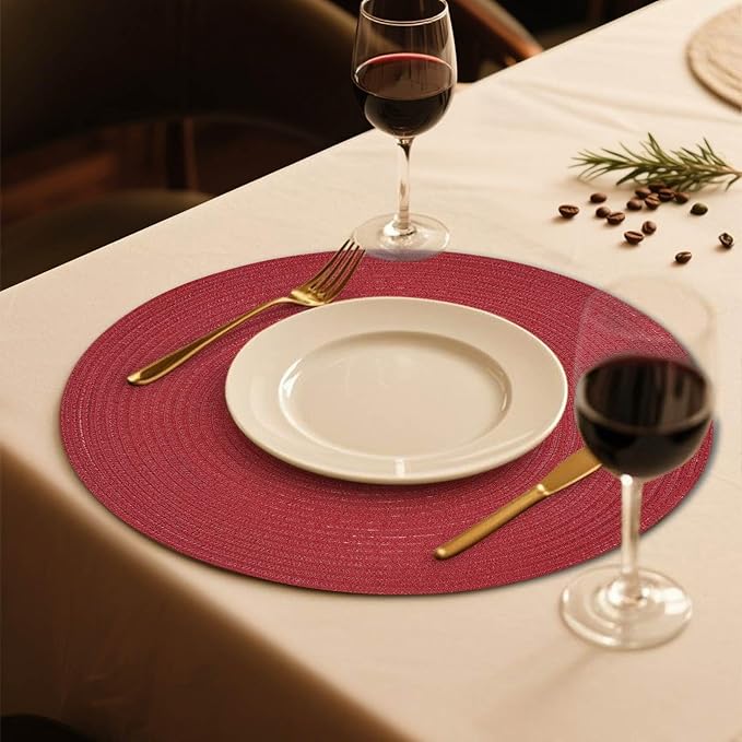 FunWheat Round Braided Placemats Set of 6 Place mats for Dining Tables Woven Heat Resistant Table Mats 15 inch (Wine)