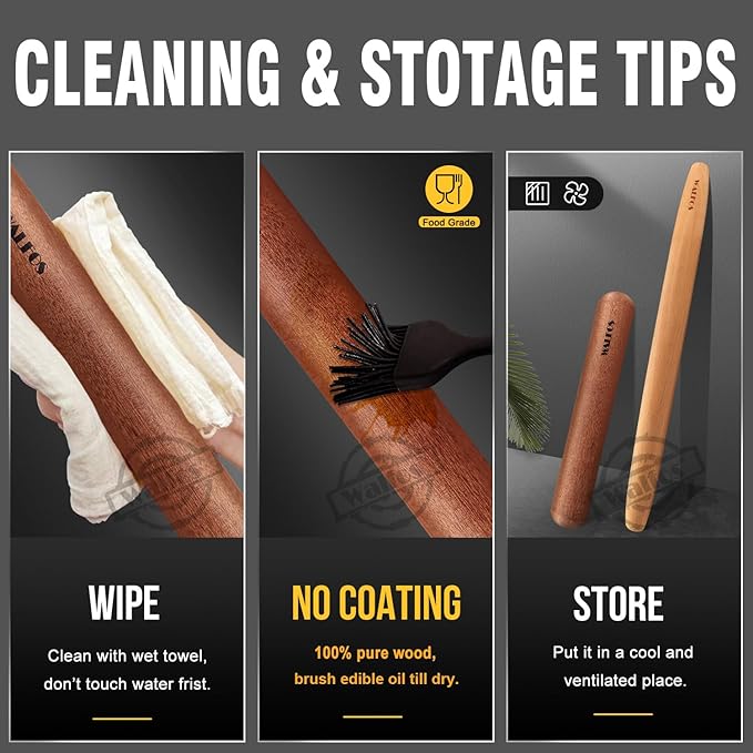 Walfos French Rolling Pin Set - Natural Wooden Rolling Pins (8inch, 15.7inch) With Non-stick Silicone Fiber Pastry Mat, Baking Dough Roller for Pizza, Pie, Pasta, Bread, Pastry
