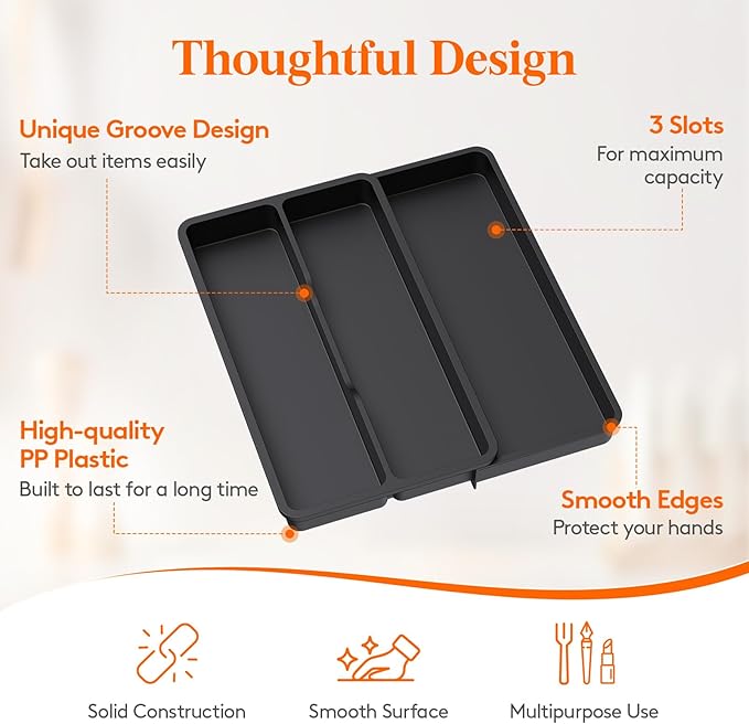 Lifewit Utensil Drawer Organizer, Expandable Cooking Silverware Tray for Kitchen Drawer, Adjustable Cutlery Flatware Holder, Plastic Spatula Tools and Gadgets Storage Divider, 3 Compartments, Black