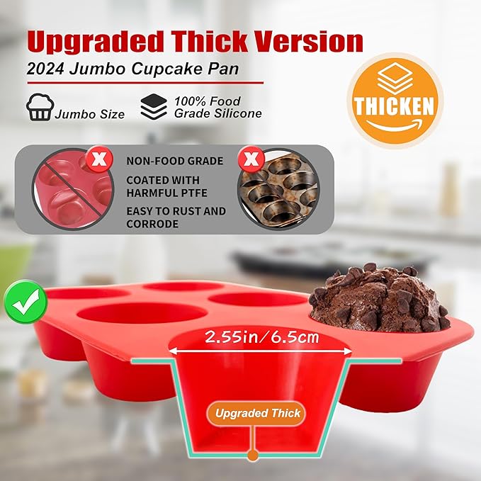 6 Cups Jumbo Muffin Pan,Silicone Cupcake Pan for Baking Food Grade Silicone Non Stick - Upgraded Thickened