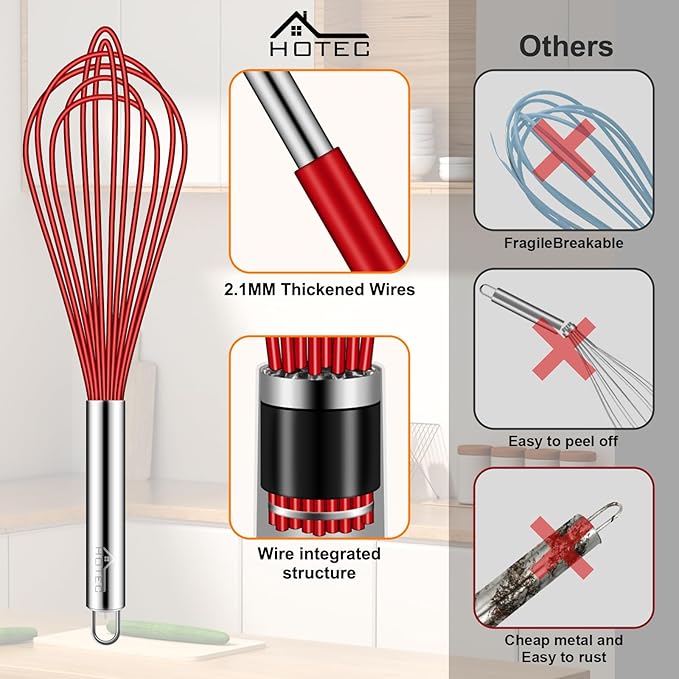 HOTEC 4 Pieces Silicone Whisks Set, Wire Balloon Whisks Egg Beater, Non-slip Handle Whisk for Non-stick Cookware Perfect for Cooking, Stirring, Beating and Blending (Multicolor)