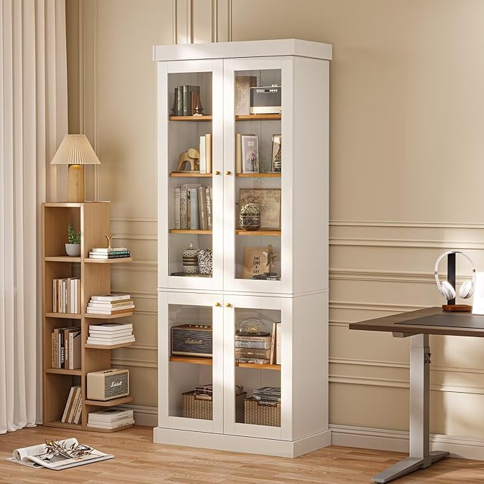 70.8" Tall Farmhouse Bookshelf with Glass Doors, Modular Bookcase with 6-Tier Adjustable Shelves, Large Storage Cabinet for Kitchen, Living Room, White, Set of 4