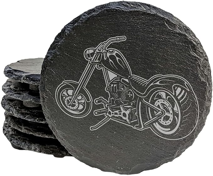 Level Up Your Man Cave: Rustic Chopper Coasters for The Motorcycle Enthusiast - Round Slate - Set of 5