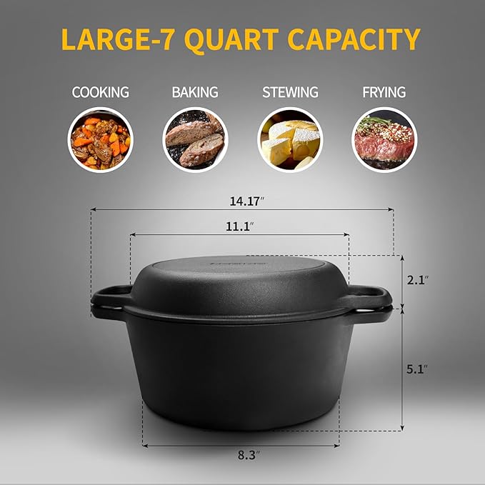 2-in-1 Pre-Seasoned Cast Iron Dutch Oven Pot with Skillet Lid Cooking Pan, Cast Iron Skillet Cookware Pan Set with Dual Handles Indoor Outdoor for Bread, Frying, Baking, Camping, 7QT