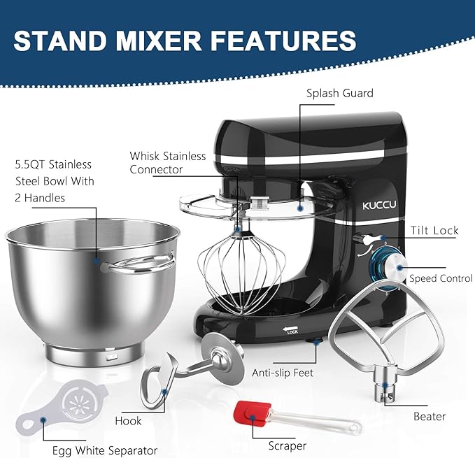 Stand Mixer, 660W, 6-Speed Tilt-Head Food Dough Mixer, Kitchen Electric Mixer with Stainless Steel Bowl,Dough Hook,Whisk, Beater, Egg white separator (6.5-QT, Black)…