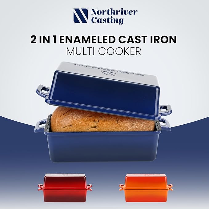 2 in 1 Enameled Cast Iron Bread Pan with Lid, Perfect Bread Oven, Loaf Pans for Baking Homemade Sourdough Bread 9x5, 2 Piece set, Navy Blue
