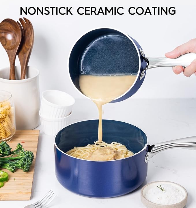MICHELANGELO Sauce Pan with Lid, Ceramic Saucepan Set, 1.5Qt & 2Qt & 3Qt Sauce Pan Sets, Nonstick Saucepans with Lids, Small Pots with Stainless Steel Handle, Oven Safe, Blue