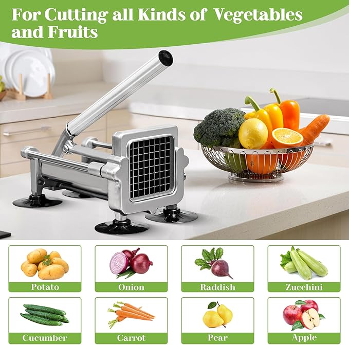Commercial French Fry Cutter, Heavy Duty Potato Slicer with 3/8Inch Blade, Stainless Steel Potato ChopperFrench Fries Cutter with Suction Feet,
