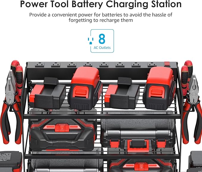CCCEI Garage Tools Storage with Charging Station. Power Tool Battery Organizer Utility Shelf with Power Strip. 4 Drills Holder Wall Mount Rack, Black 5 Layer.