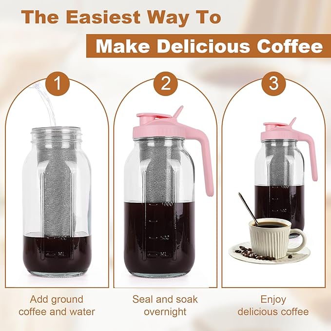 Cold Brew Coffee Maker，64 oz Wide Mouth Mason Jar Pitcher with Stainless Steel Filter, Pour Spout Handle Lid, Heavy Duty Glass Airtight & Leak-Proof Pitcher for iced coffee & Tea Lemonade-Pink