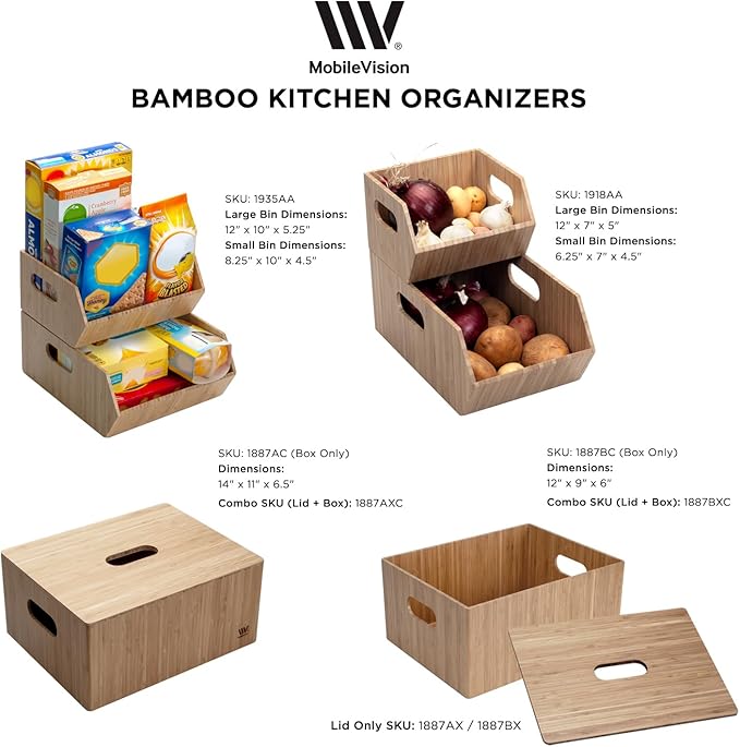 Mobilevision XL Versatile Bamboo Storage Bins for Pantry & Kitchen Cabinet Organizer Multi-Purpose / 2 Piece Stackable Set Larger Bins