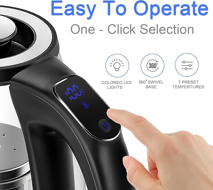 ShanSon Electric Kettle with Tea Infuser 1.7L Temperature Control Glass Electric Tea Kettle 1500W Fast Heating Water Boiler BPA Free Electric Teapot with 7 Presets Auto-Off & Boil-Dry Protection