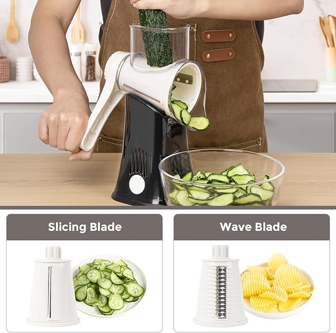 X Home 5-in-1 Rotary Cheese Grater for Kitchen, Upgraded Hand Crank Shredder with Stronger Suction Base & Multifunctional Drum Blades, for Cheese, Vegetables and Nuts, Easy to Use and Clean, Black