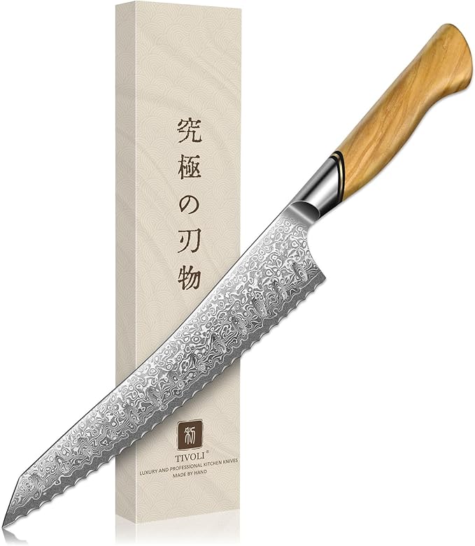 TIVOLI Bread Knife – Damascus VG-10 Serrated Knife with Razor Sharp Edge for Homemade Bread, Sourdough & Cake – Ergonomic Olive Wood Handle, Gift Box for Baking & Wedding Gifts