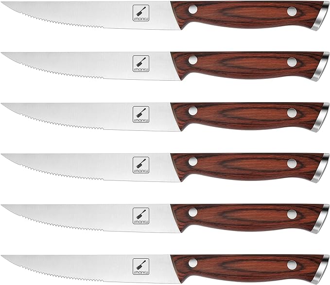 imarku Steak Knives Set of 6, Japanese HC Steel Premium Serrated Steak Knife Set with Ergonomic Handle and Gift Box, Home Essential, Best Chrismas Gifts for Women and Men