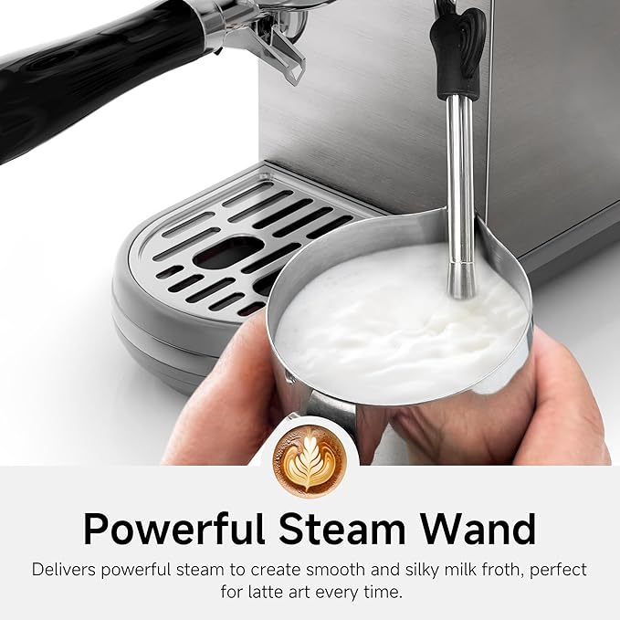HIBREW Espresso Machine 20 Bar, Semi-Automatic Cappuccino Maker with Milk Frother for Latte Art, Adjustable Temperature & Water Volume, with Display, Pressure Gauge & Stainless Steel Body