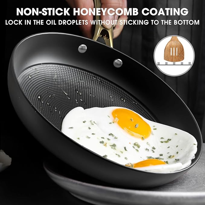 imarku Non Stick Frying Pans, Professional Cast Iron Skillets 2 Pcs - 8 Inch & 10 Inch Frying Pans Nonstick, Honeycomb Long Lasting Frying Pan Set Gold Handle Oven Safe Pan, New Home Essentials