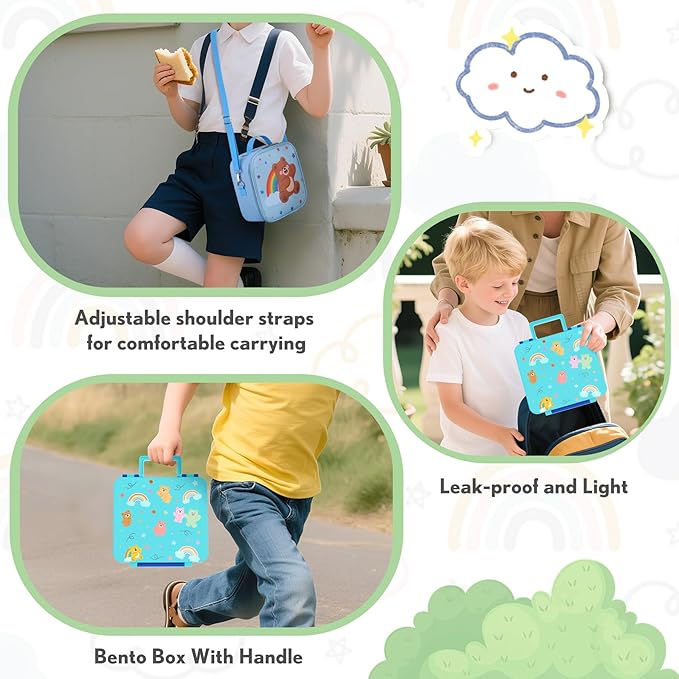 Lunch Box Kids with 5 Compartments, Insulated Food Jar & Utensil & Sauce Container & Lunch Bag & Silicone Collapsible Cup, Leak Proof Bento Box, BPA-Free & Dishwasher Safe-Blue
