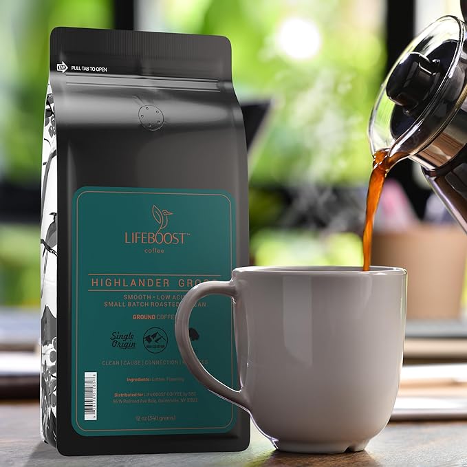 Lifeboost Highlander Grogg Coffee Ground - Low Acid Single Origin Flavored Coffee - Non-GMO Highlander Grogg Ground Coffee Third Party Tested For Mycotoxins & Pesticides - 12 Ounces