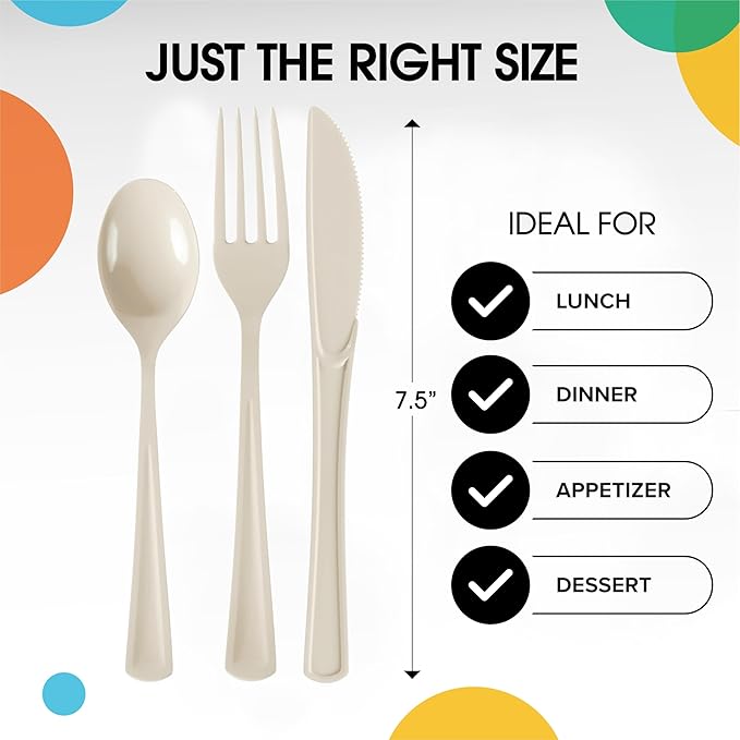 Party Solids Ivory Plastic Silverware Heavy Duty 300 Pieces Ivory Plastic Cutlery Sets, Utensil Sets, 100 Of Each Forks, Knives & Spoons Disposable Cutlery Set, Flatware Set For Party Supplies