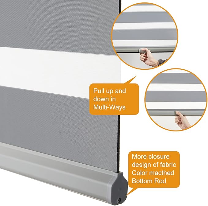 Persilux Cordless Zebra Blinds for Windows Free-Stop Roller Window Shades (70" W X 64" H, Grey) Dual Layer Light Control for Day and Night, Light Filtering Sheer Shades for Home, Easy to Install