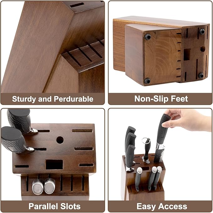 RedCall Universal Knife Block Holder,Large Wood Bamboo Knife Block without Knives,14 Slot Universal Knife Holder Countertop,Butcher Block Knife Storage Organizer for Kitchen (Brown)