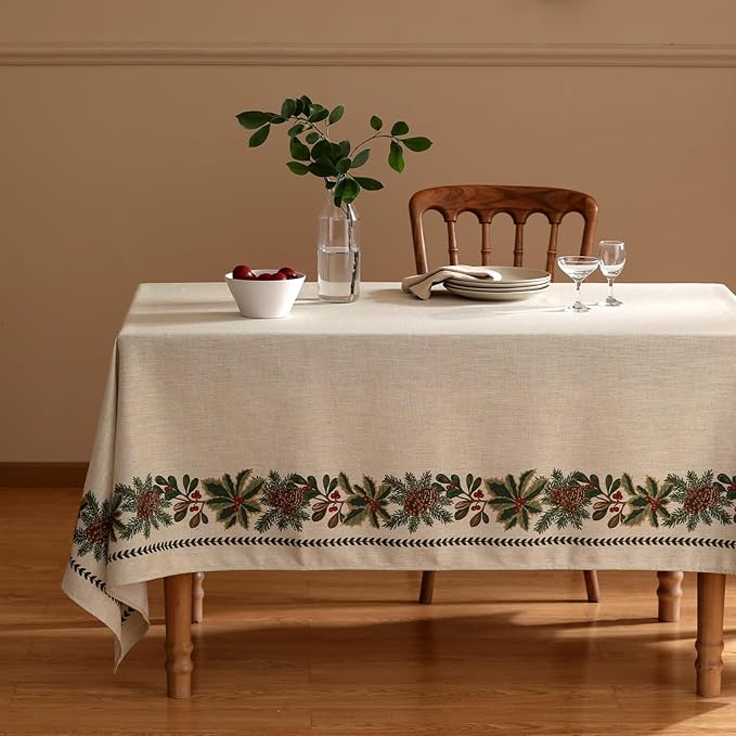 ISAENNE Designer Christmas Linen Long Rectangle Tablecloth,Light Beige Western Table Cloth,Wrinkle Resistant Decor Tablecloths for Dining Thanksgiving Kitchen Christmas,63"*94"-Carol G