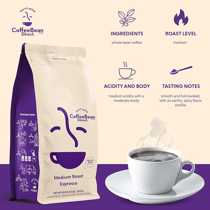 Coffee Bean Direct Medium Roast Espresso, Whole Bean Coffee, Medium Roast, 2.5 Pound Bag (Pack of 1)