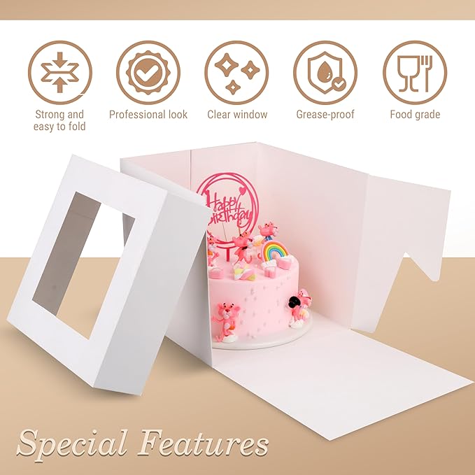 Cakebon Cake Boxes with Boards - 10 Inch Round Cake Drum Silver - Box With Window for Birthdays, Weddings and Parties (1pc Each, 2pcs Total)