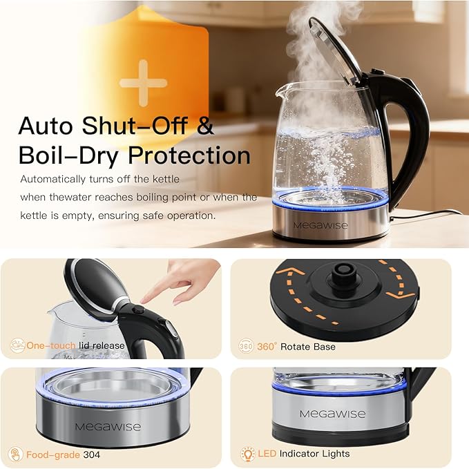 MegaWise Electric Kettle, 1.8L Borosilicate Glass Tea Kettle with LED Light, Auto Shut-Off and Boil-Dry Protection Cordless Kettle Fast Boiling