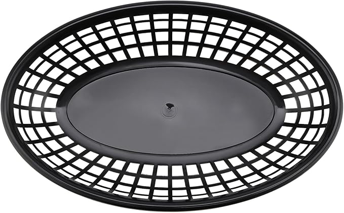 80 Pack 9x5.7x1.6 Inch Black Plastic Fast Food Baskets, Restaurant Serving Basket, Oval Fast Food Serving Baskets for Picnic, Deli Serving, Chicken, Burgers and Fries