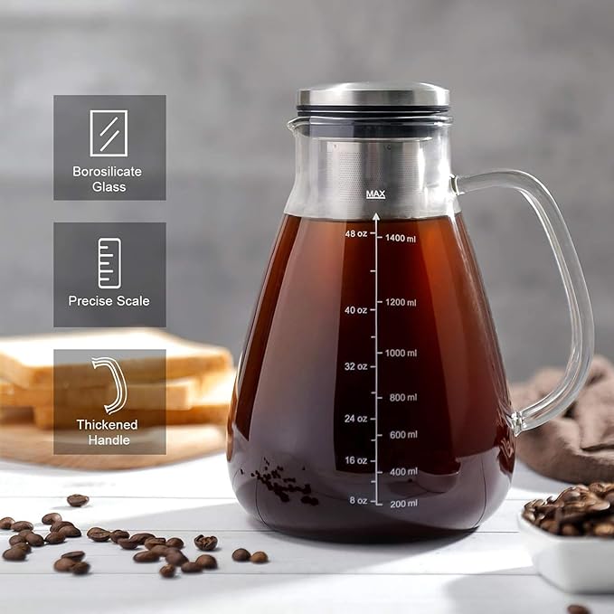 Cold Brew Iced Coffee Maker 51oz, Brewed Coffee Pot with Removable Double Mesh 304 Stainless Steel Filter, BPA-Free Cold Brew Pitcher Glass Container, Tea Maker