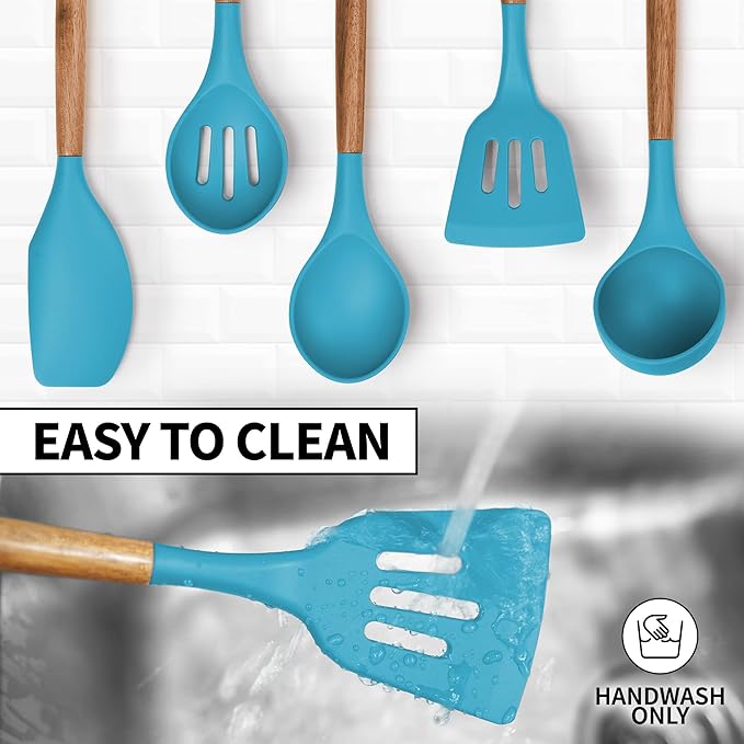 Zulay Kitchen Non-Stick Cooking Utensils Set with Authentic Acacia Wood Handles – 5-Piece Durable & Stylish Silicone Kitchen Utensils Set – Heat Resistant to 464°F – Blue