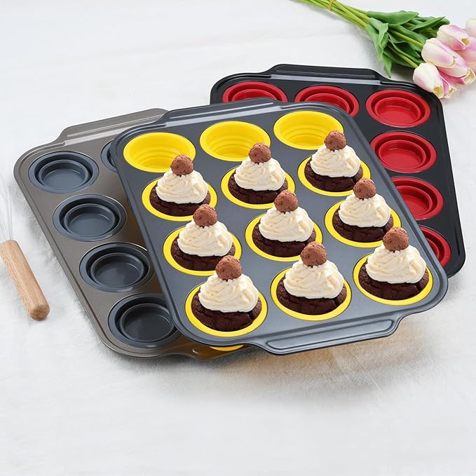 Silicone Muffin Pan, 12 Cups Cupcake Pans with Metal Frame Nonstick Muffin Tins Easy to Pop Out for Baking Cupcake Egg Bites BPA-free Cupcake Pan Mold (12 Cups-Red)