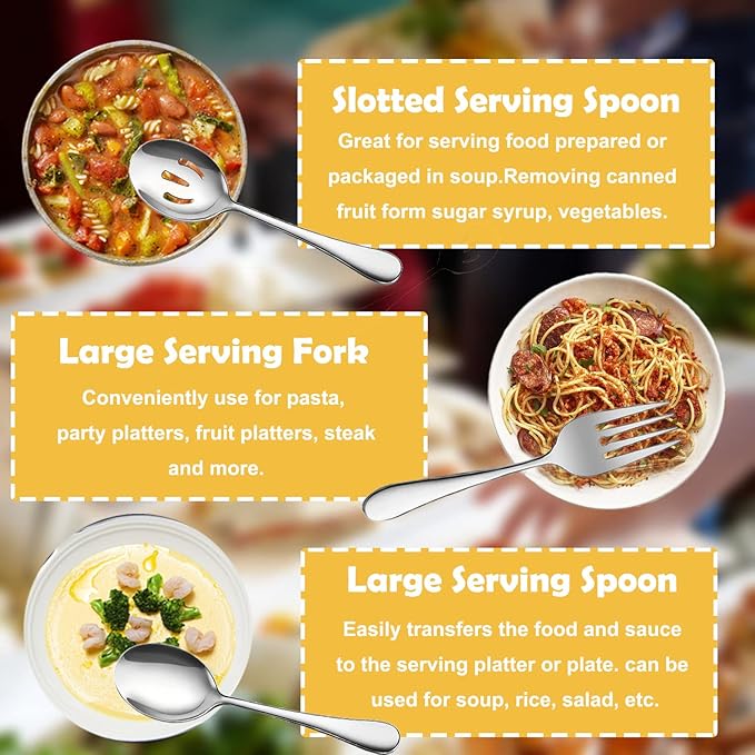 6 PCS Stainless Steel Serving Utensils, Large Serving Spoons Slotted Spoons, Forks, Ice Suger Tongs, Cake Server, Soup Ladle, Metal Utensils Set Great for Buffet Catering Banquet Party, Silver