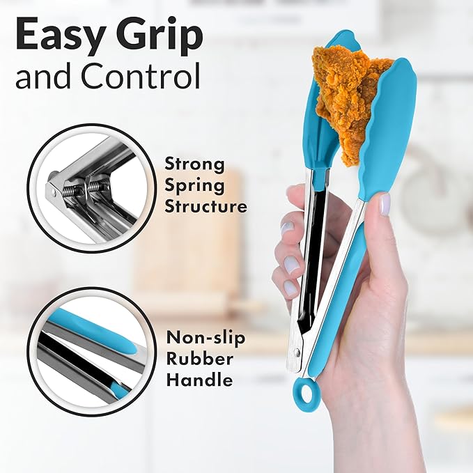 Zulay Stainless Steel Kitchen Tongs with Silicone Tips - Set of 2 (9” & 12”) Locking Cooking Tongs with Non-Slip Grip - Heat Resistant, BBQ Food Tongs for Non-Stick Cooking Pans (Silver/Light Blue)