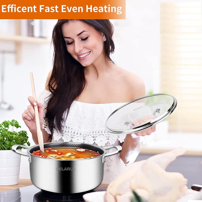DELARLO Tri-Ply Stainless Steel Stock Pot, 5QT Non Stick Pots, Induction Ready, Cooking Pots with Lids, Stockpot 600℉ Oven Safe, 18/8 Food Grade Cookware, Soup Pot, Energy Saving, Lids 350℉
