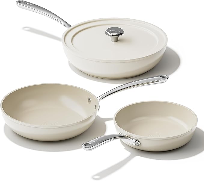 Redchef Ceramic Frying Pans, 4-Piece Non Stick Frying Pans, Non Toxic Skillet with Lid, Ceramic Cookware Set, 8" 9.5" 11" Egg Saute Pan, PFAS & PTFE & PFOA Free, Dishwasher & Oven Safe, Beige White