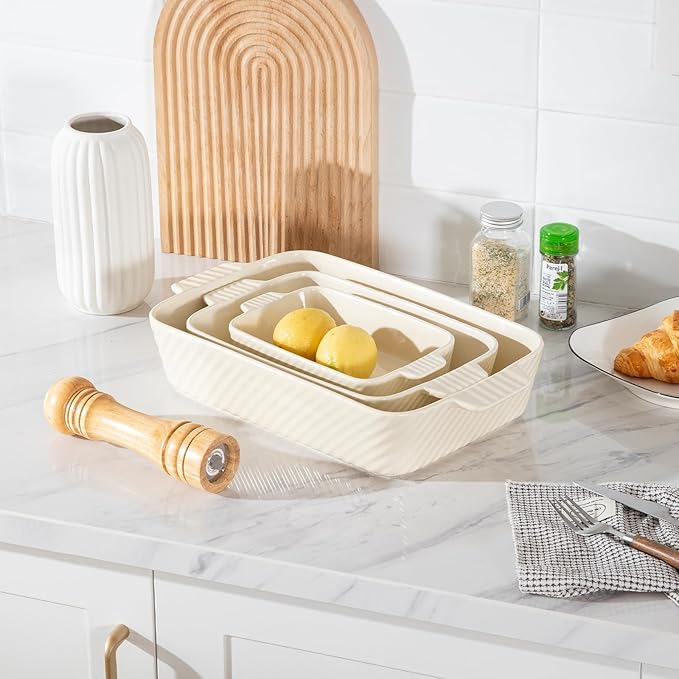 Sweejar Ceramic Baking Dish Set, Cake Baking Dish for Brownie, Porcelain Striped Casserole Dishes for Oven with Handle for Lasagna, Family Dinner(Beige)
