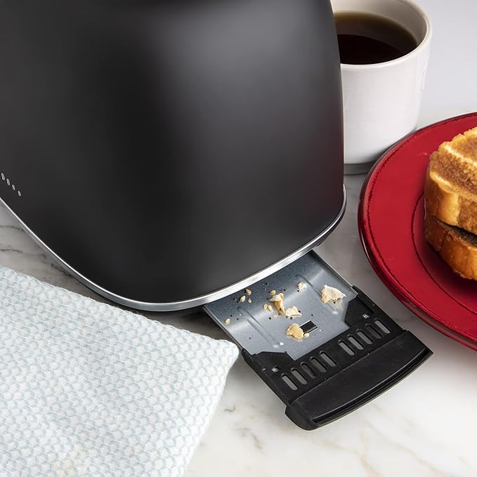 Rae Dunn Retro Rounded Bread Toaster, 2 Slice Stainless Steel Toaster with Removable Crumb Tray, Wide Slot with 6 Browning Levels, Bagel, Defrost and Cancel Options, Black