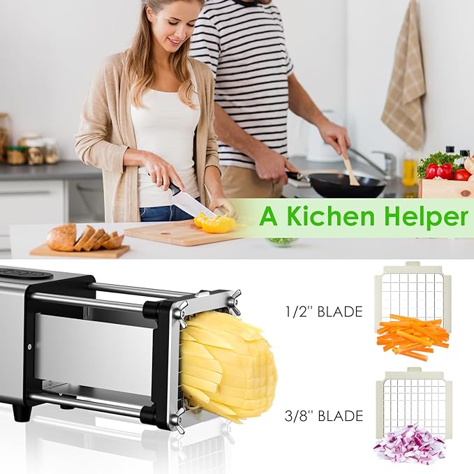 YOTAN Electric French Fry Cutter,French Fry Cutter Stainless Steel with 1/2 & 3/8 Inch Blade,Commercial and Household Electric Fry Cutter,Potato Slicer,Use for Potatoes,Onion,Cucumbers,Apples