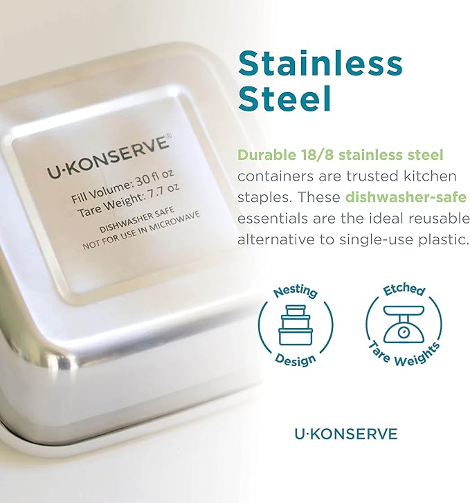 U Konserve Stainless Steel Food Storage Bento Box Container, Leak Proof Silicone Lid Dishwasher Safe - Plastic Free (50oz Clear)