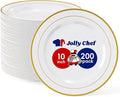 JOLLY CHEF 200 Pieces Gold Plastic Plates, 10 Inch Elegan Disposable Plates White Plate with Gold Rim,Plastic Plates for Thanksgiving、Birthdays and Weddings