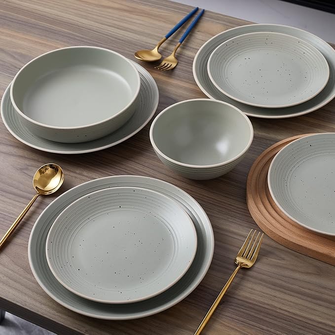 Stone Lain Lauren Stoneware, Rustic Plates and Bowls Set, Dinnerware, Service for 8, Speckled Green, Dishwasher & Microwave Safe, 32-Piece