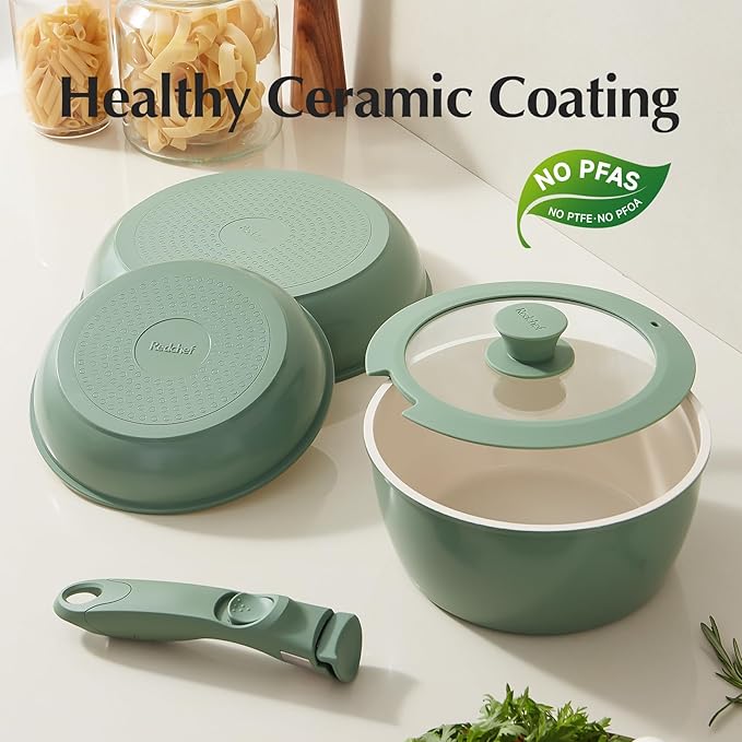 Redchef Ceramic Cookware Set, Removable Handle Pots and Pans Non-Stick, Rv Cookware Set, Non-Toxic Pots and Pans Set No PFAS, PTFE, PFOA, Detachable Pots and Pans, Dishwasher & Oven Safe (Green)