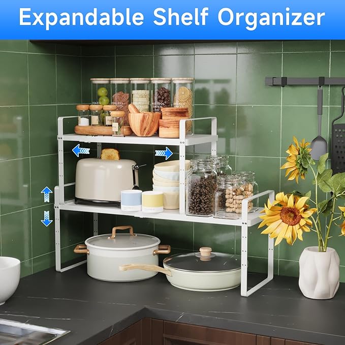 Expandable Cabinet Shelf Organizer, Stackable Kitchen Pantry Counter Storage, Adjustable Closet Cupboard Stand Rack Risers Spice Organization 80LBS Heavy Duty White 2 Pack