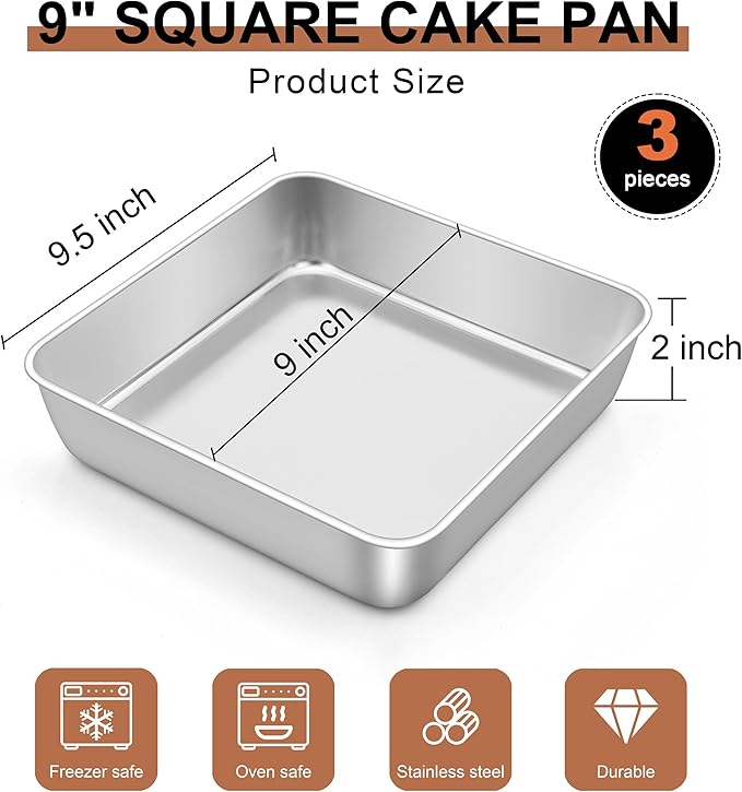 LIANYU 9 x 9 Inch Square Baking Cake Pan Set of 3, Stainless Steel Brownie Bread Cake Molds, Square Bakeware for Lasagna Pie, Oven & Dishwasher Safe