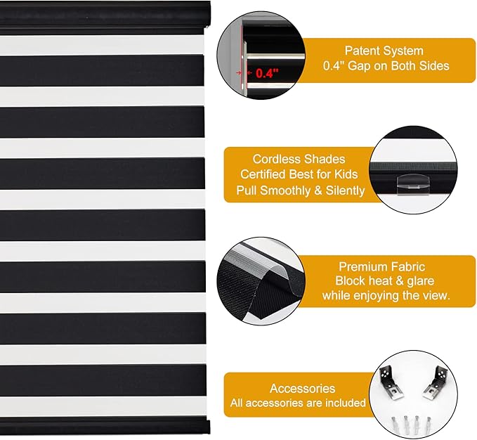 Persilux Cordless Zebra Blinds for Windows (35" W X 47" H, Black) Free-Stop Dual Layer Roller Windows Shades for Day and Night, Light Filtering Sheer Shades for Home, Easy to Install