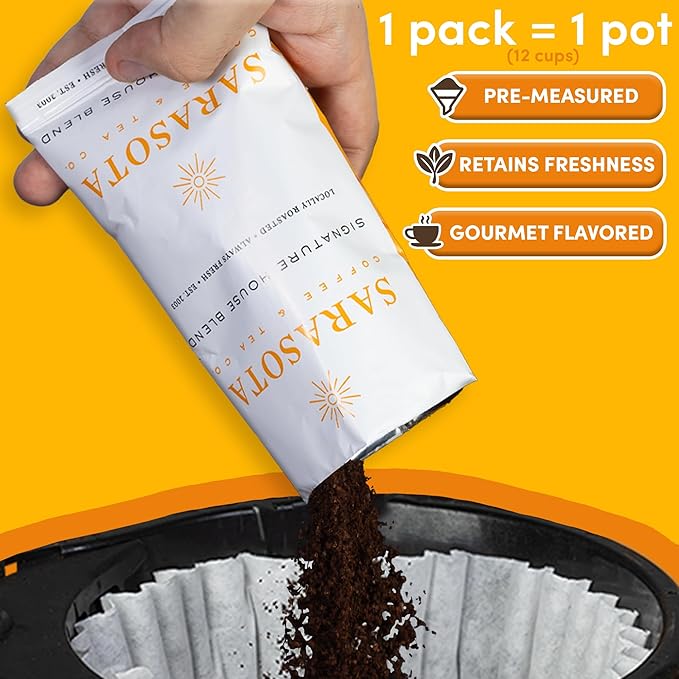 Sarasota Coffee Ground Packets | Gourmet Medium Roast Bulk Coffee Packs | Breakfast Blend | Low Acid Mold Free Singles Individual Pouches for 12 Cups Maker | 1.5 Ounce Bags, 42 Count